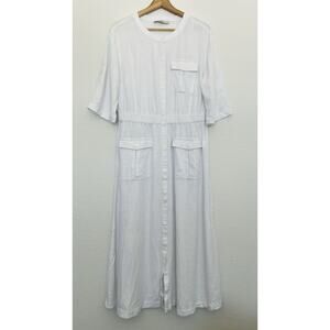 LOFT Utility Midi Dress Womens Sz 10 White Pocket Tool Tab Sleeves Boho